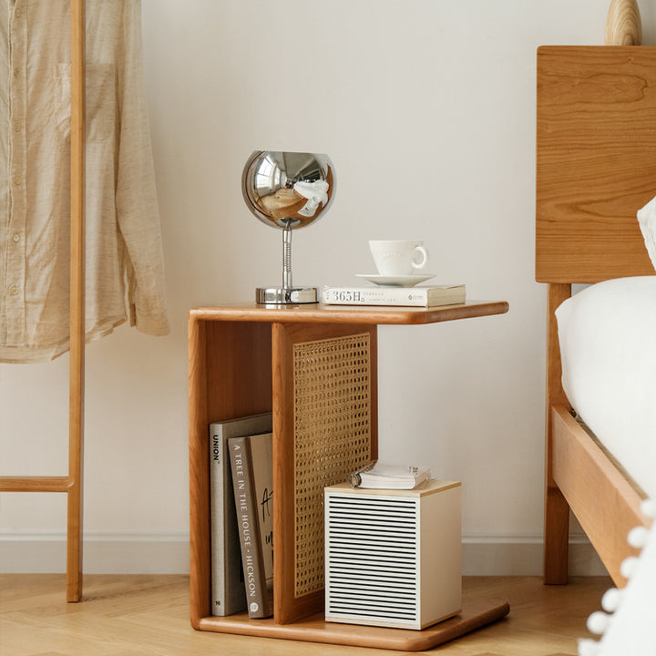Contemporary Nordic Rectangular Cube Cherry Wood PP Rattan Side Table 2 - Tier For Living Room