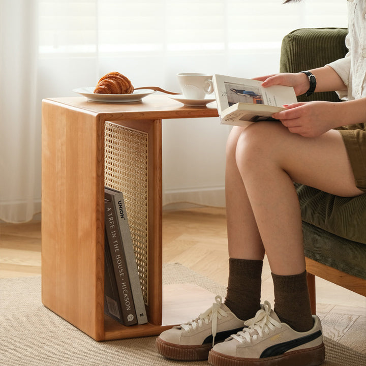Contemporary Nordic Rectangular Cube Cherry Wood PP Rattan Side Table 2 - Tier For Living Room