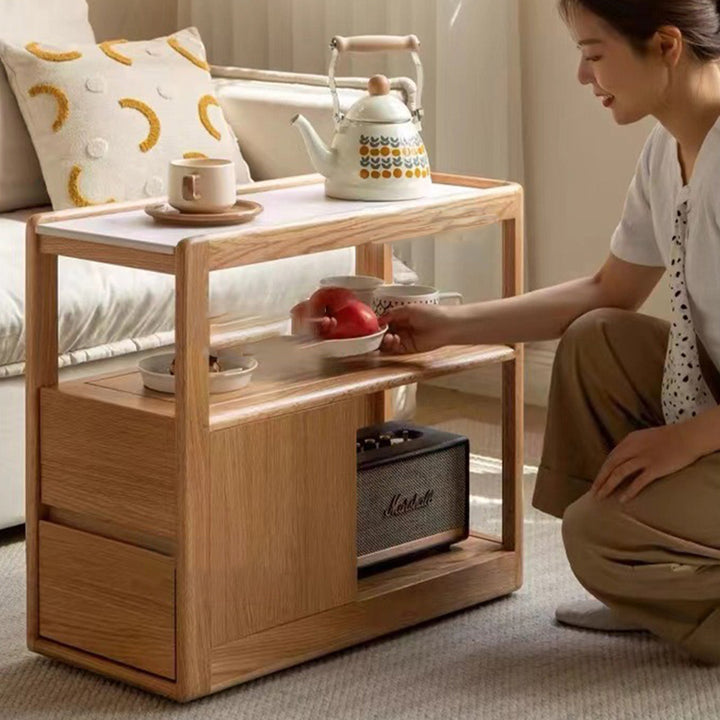 Modern Simplicity Rectangular Cube Sintered Stone Red Oak Paulownia Wood Side Table 2 - Drawer For Living Room