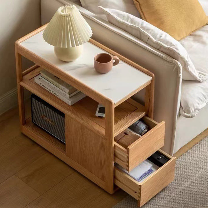 Modern Simplicity Rectangular Cube Sintered Stone Red Oak Paulownia Wood Side Table 2 - Drawer For Living Room