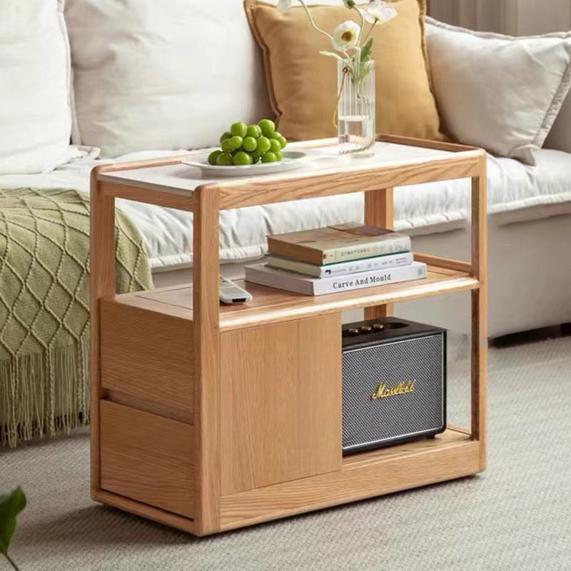 Modern Simplicity Rectangular Cube Sintered Stone Red Oak Paulownia Wood Side Table 2 - Drawer For Living Room