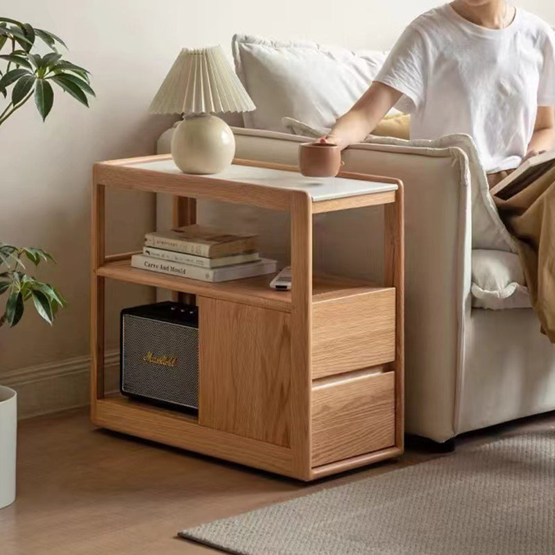 Modern Simplicity Rectangular Cube Sintered Stone Red Oak Paulownia Wood Side Table 2 - Drawer For Living Room