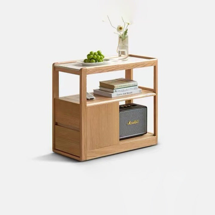 Modern Simplicity Rectangular Cube Sintered Stone Red Oak Paulownia Wood Side Table 2 - Drawer For Living Room