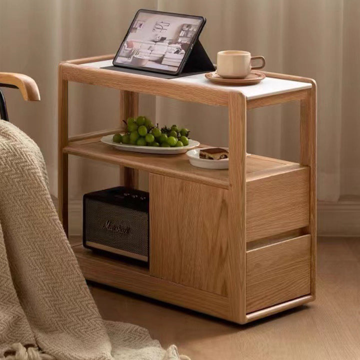 Modern Simplicity Rectangular Cube Sintered Stone Red Oak Paulownia Wood Side Table 2 - Drawer For Living Room