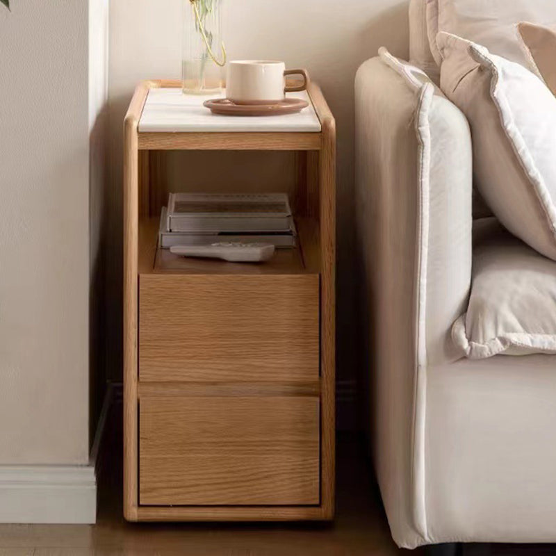 Modern Simplicity Rectangular Cube Sintered Stone Red Oak Paulownia Wood Side Table 2 - Drawer For Living Room