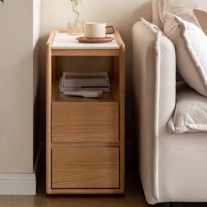 Modern Simplicity Rectangular Cube Sintered Stone Red Oak Paulownia Wood Side Table 2 - Drawer For Living Room