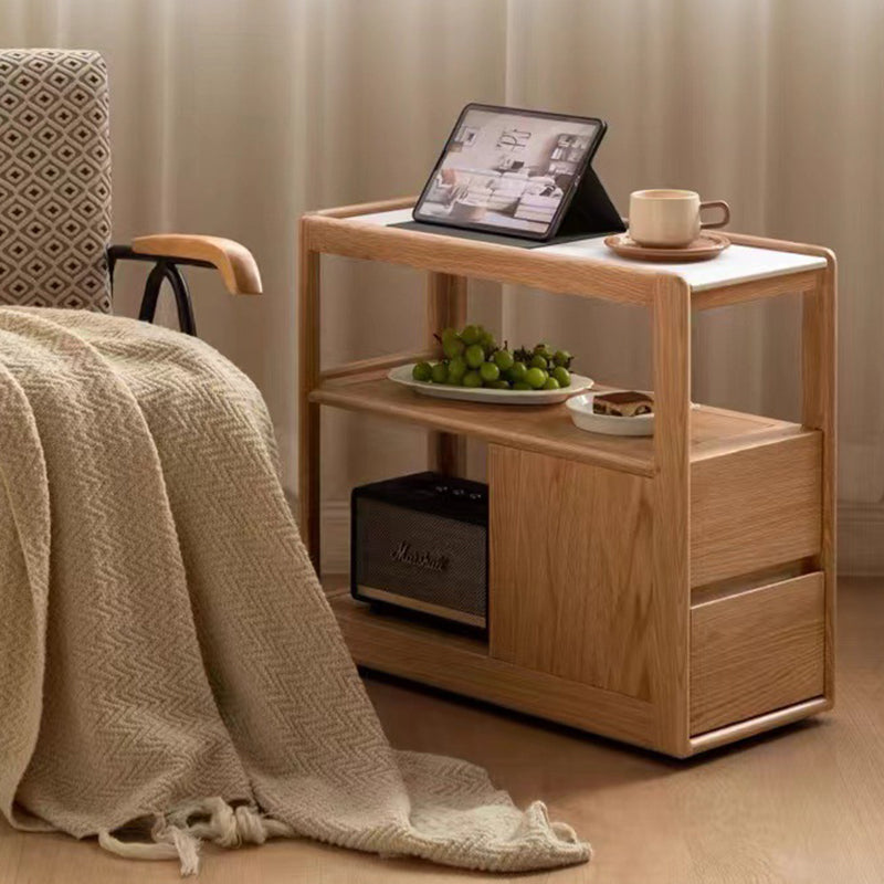 Mesa Auxiliar de Roble Rojo con Cajones - Cubo Rectangular de Roca de Simplicidad Moderna para Sala de Estar 