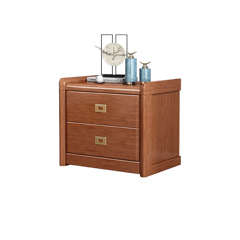 Traditional Chinese Square Cube Brass Walnut Wood Plywood Nightstand 2 - Drawer For Bedroom