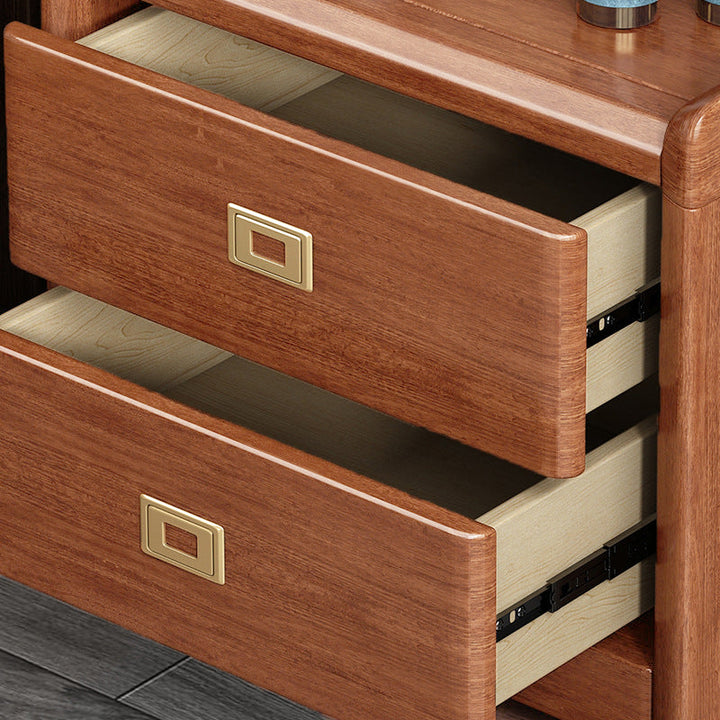 Traditional Chinese Square Cube Brass Walnut Wood Plywood Nightstand 2 - Drawer For Bedroom