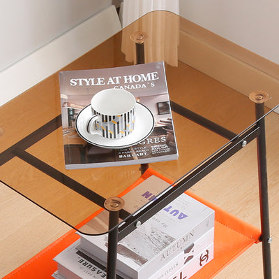 Mesa Auxiliar de Vidrio Transparente Escandinavo Contemporáneo de Hierro de 2 Niveles para Sala de Estar 