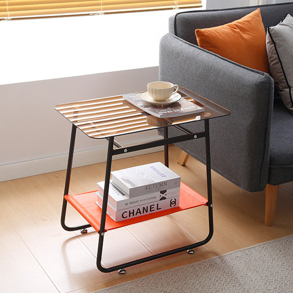 Mesa Auxiliar de Vidrio Transparente Escandinavo Contemporáneo de Hierro de 2 Niveles para Sala de Estar 