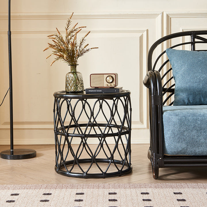 Table d'appoint en bois massif avec tissage en rotin cylindrique scandinave contemporain 1 - niveau pour salon 