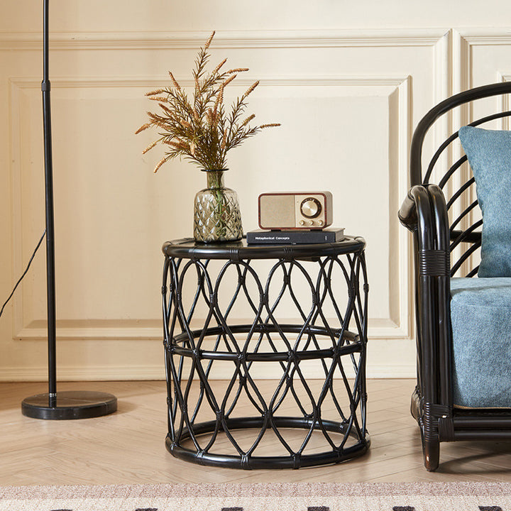 Table d'appoint en bois massif avec tissage en rotin cylindrique scandinave contemporain 1 - niveau pour salon 