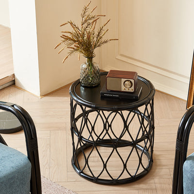 Mesa auxiliar contemporánea escandinava de tejido de ratán cilíndrico de red de madera maciza de 1 nivel para sala de estar 