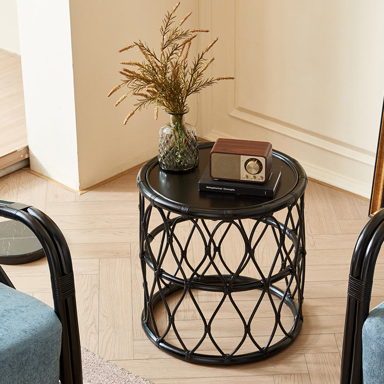 Mesa auxiliar contemporánea escandinava de tejido de ratán cilíndrico de red de madera maciza de 1 nivel para sala de estar 