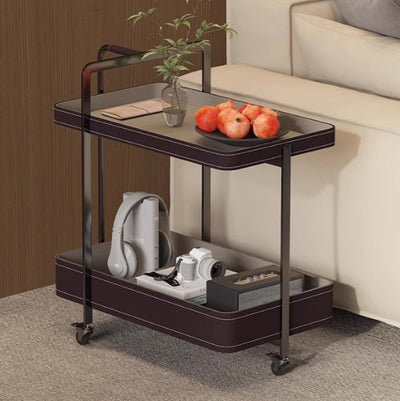 Contemporary Scandinavian Rectangle Saddle Leather Stainless Steel Side Table 2 - Tier For Living Room