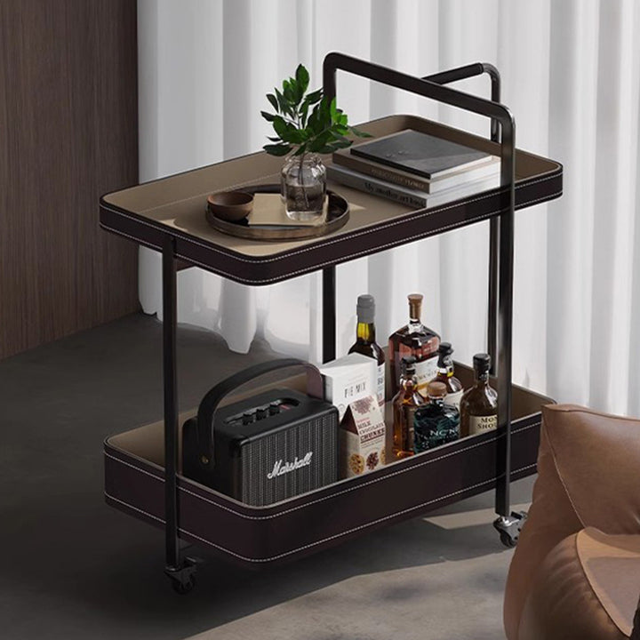 Table d'appoint rectangulaire contemporaine en faux cuir de selle en acier inoxydable à 2 niveaux pour salon 