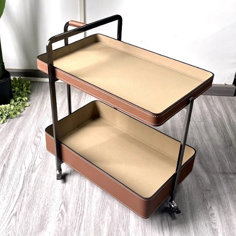 Contemporary Scandinavian Rectangle Saddle-Style Faux Leather Stainless Steel Side Table 2 - Tier For Living Room