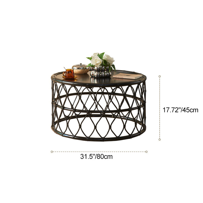 Table basse en bois massif avec tissage en rotin scandinave contemporain à un niveau pour le salon 