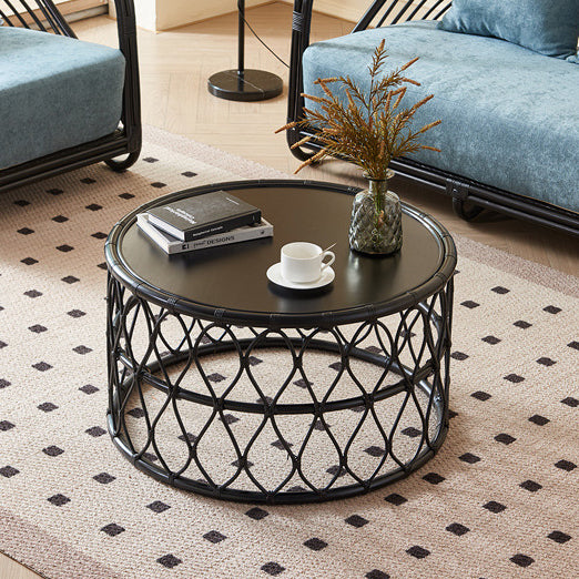 Table basse en bois massif avec tissage en rotin scandinave contemporain à un niveau pour le salon 