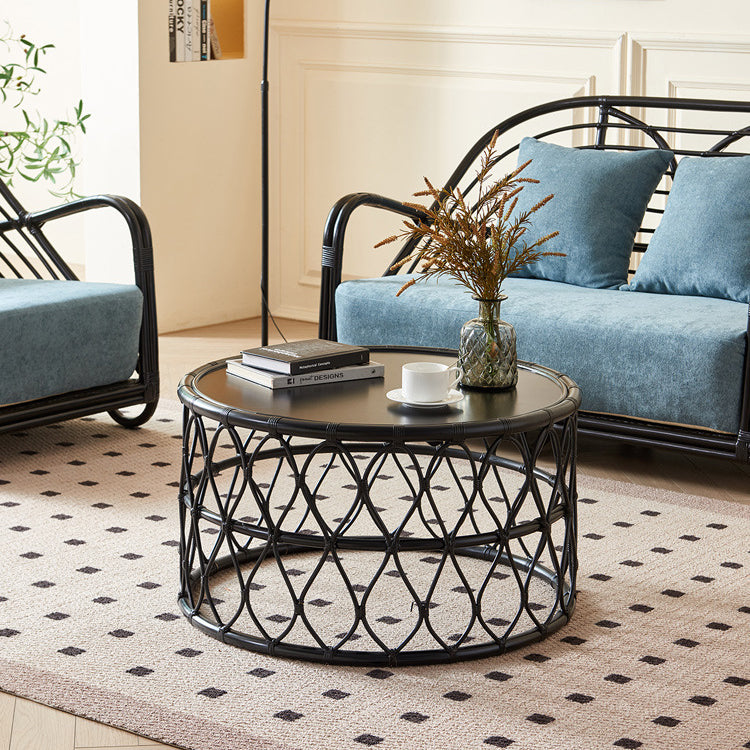 Contemporary Scandinavian Cylinder Rattan Weaving Net Solid Wood Coffee Table 1 - Tier For Living Room