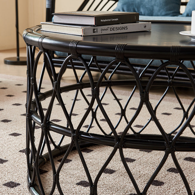 Table basse en bois massif avec tissage en rotin scandinave contemporain à un niveau pour le salon 