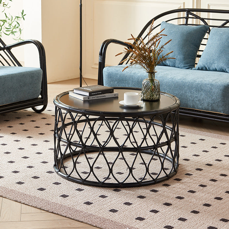 Contemporary Scandinavian Cylinder Rattan Weaving Net Solid Wood Coffee Table 1 - Tier For Living Room