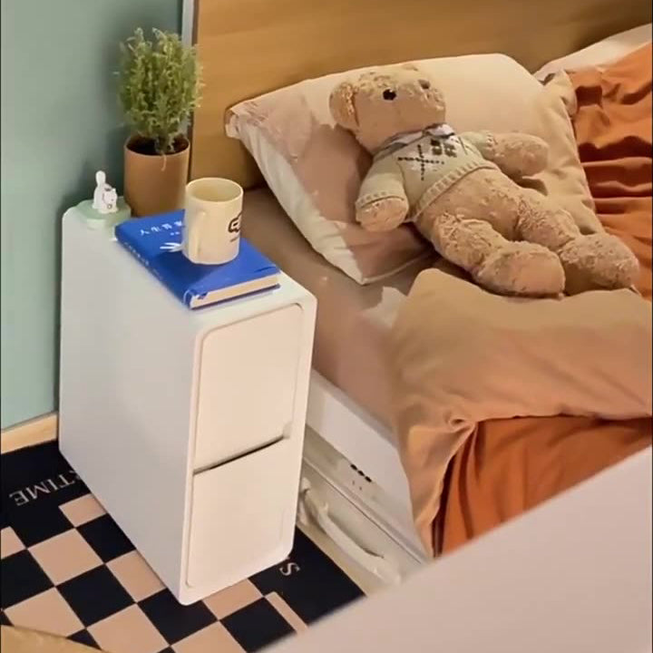 Modern Minimalist Rectangular Cube Leather Solid Wood Hardware Nightstand 2 - Drawer For Bedroom