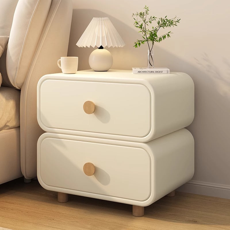 Contemporary Scandinavian Square Cube Solid Wood Leather Nightstand 2 - Drawer For Bedroom