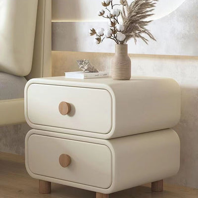 Contemporary Scandinavian Square Cube Solid Wood Leather Nightstand 2 - Drawer For Bedroom