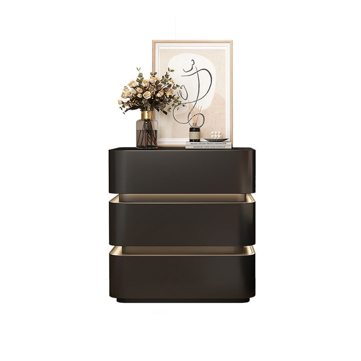 Table de chevet moderne minimaliste en bois massif avec bande lumineuse à trois tiroirs pour chambre 