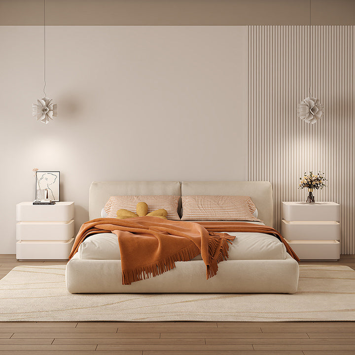 Modern Minimalist Square Cube Solid Eucalyptus Plywood Light Strip Nightstand 3 - Drawer For Bedroom