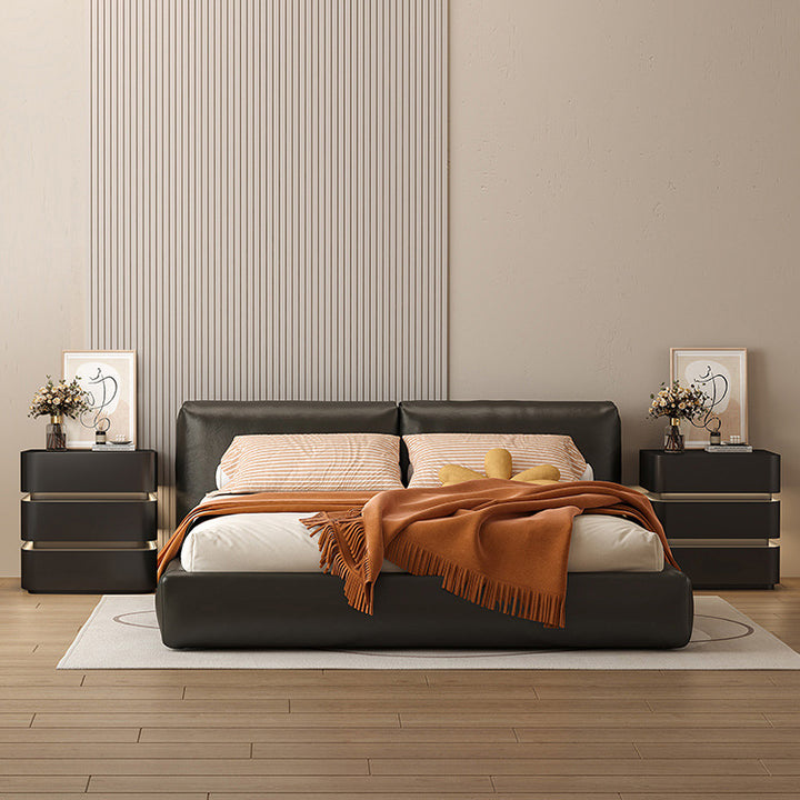 Modern Minimalist Square Cube Solid Eucalyptus Plywood Light Strip Nightstand 3 - Drawer For Bedroom