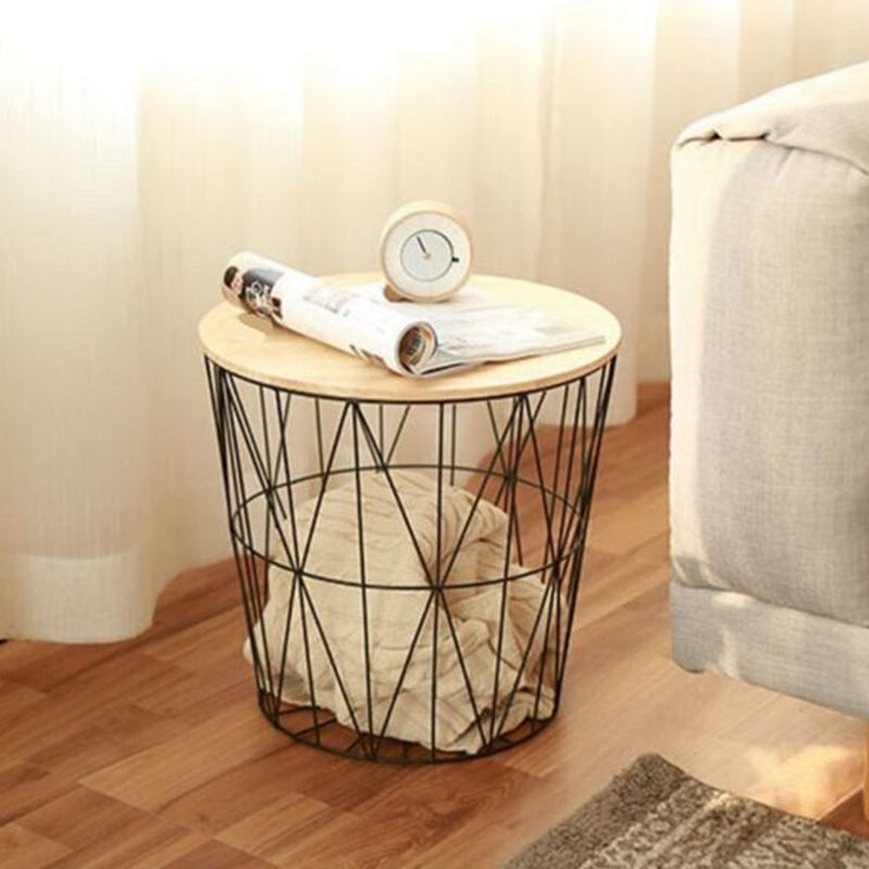 Contemporary Simplicity Round Barrel Solid Wood Iron Base Side Table 1 - Tier For Living Room