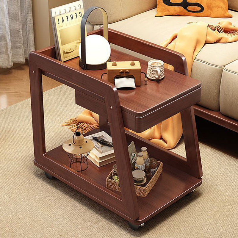 Contemporary Nordic Rectangle Wheels Solid Wood Side Table 2 - Tier For Living Room