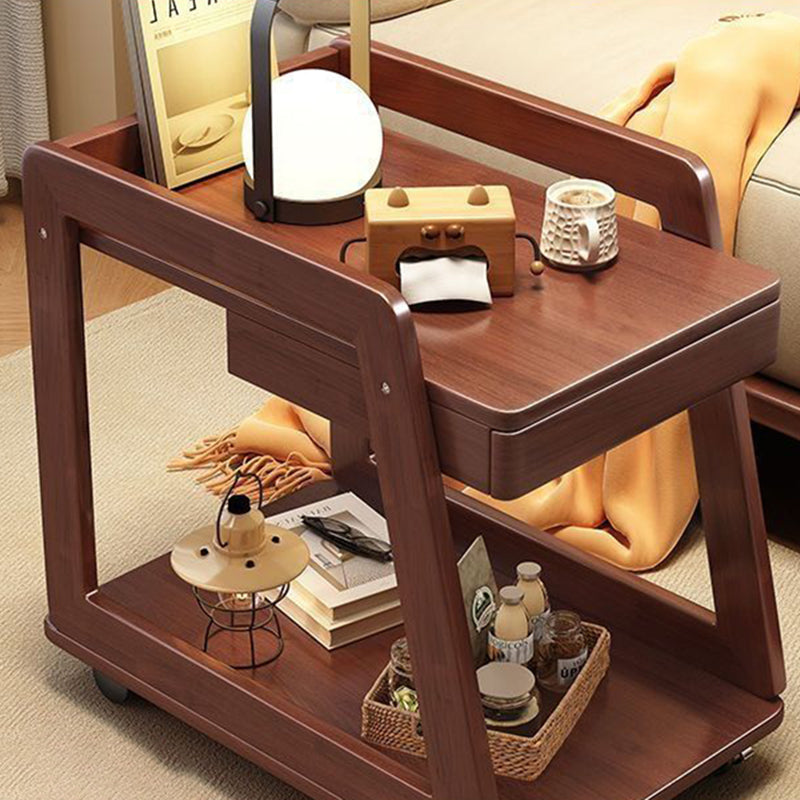 Contemporary Nordic Rectangle Wheels Solid Wood Side Table 2 - Tier For Living Room