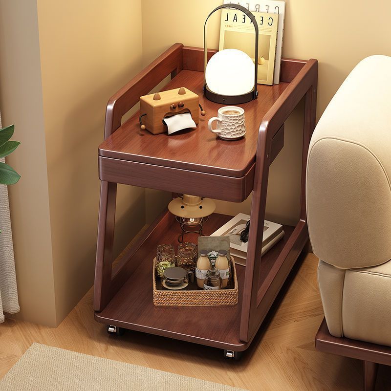 Contemporary Nordic Rectangle Wheels Solid Wood Side Table 2 - Tier For Living Room