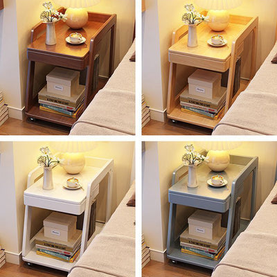Contemporary Nordic Rectangle Wheels Solid Wood Side Table 2 - Tier For Living Room