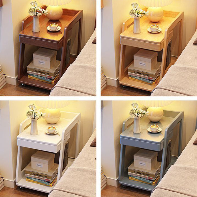 Contemporary Nordic Rectangle Wheels Solid Wood Side Table 2 - Tier For Living Room