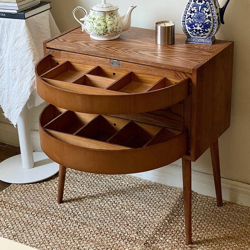 Contemporary Retro Square Semicircle Rotatable Jewelry Storage Red Oak Side Table 3 - Tier For Living Room