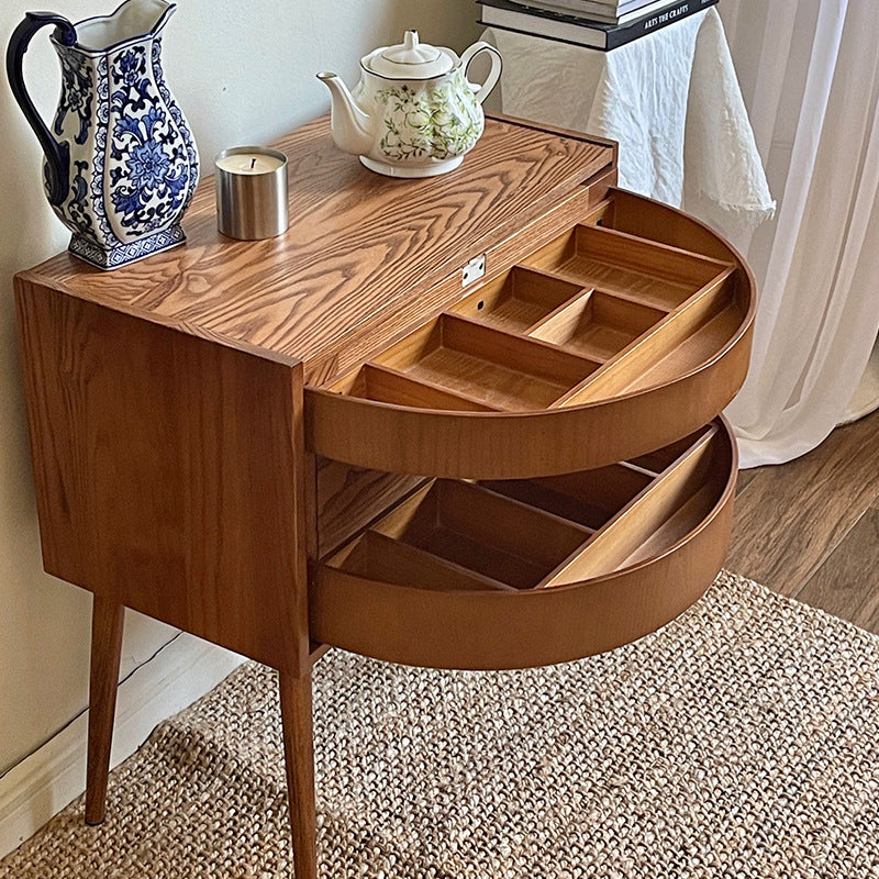 Contemporary Retro Square Semicircle Rotatable Jewelry Storage Red Oak Side Table 3 - Tier For Living Room