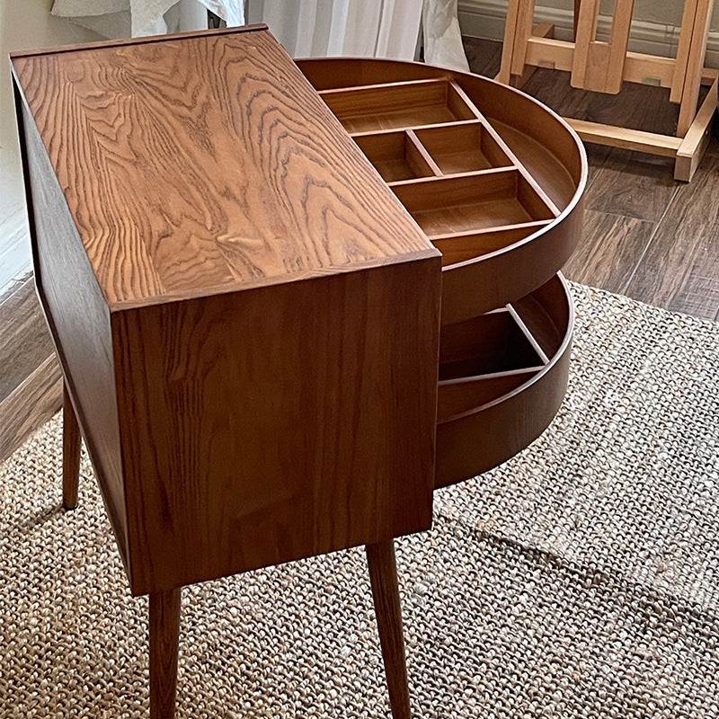 Contemporary Retro Square Semicircle Rotatable Jewelry Storage Red Oak Side Table 3 - Tier For Living Room