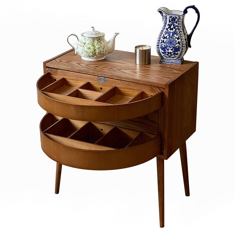 Contemporary Retro Square Semicircle Rotatable Jewelry Storage Red Oak Side Table 3 - Tier For Living Room