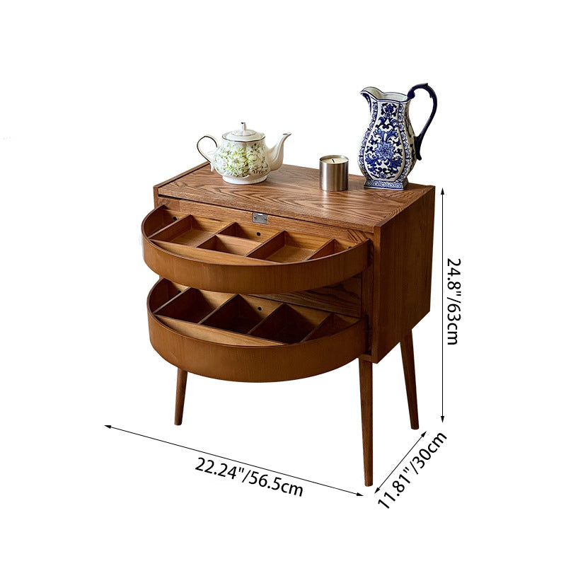 Contemporary Retro Square Semicircle Rotatable Jewelry Storage Red Oak Side Table 3 - Tier For Living Room