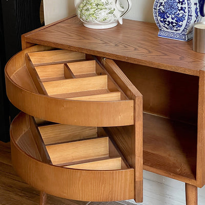 Contemporary Retro Square Semicircle Rotatable Jewelry Storage Red Oak Side Table 3 - Tier For Living Room