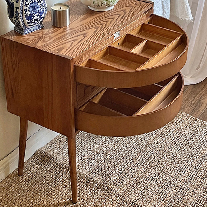 Contemporary Retro Square Semicircle Rotatable Jewelry Storage Red Oak Plywood Side Table 3 - Tier For Living Room