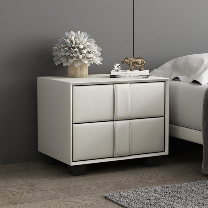 Contemporary Scandinavian Square Cube Pine Medium Density Fiberboard PU Leather Nightstand 2 - Drawer For Bedroom