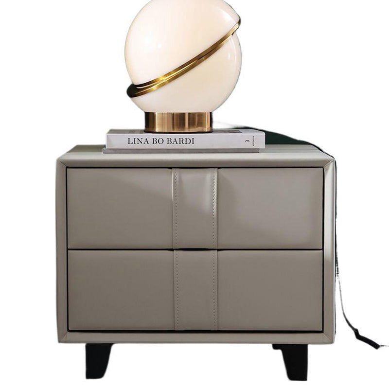 Table de chevet scandinave contemporain en bois massif carré, cuir synthétique, 2 tiroirs pour chambre à coucher 