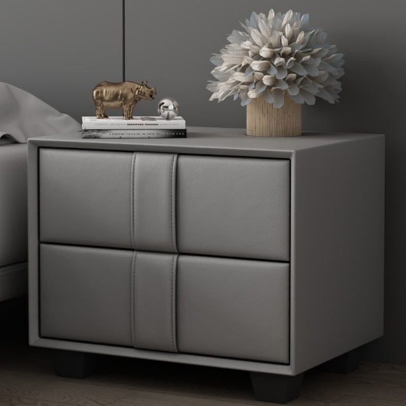 Table de chevet scandinave contemporain en bois massif carré, cuir synthétique, 2 tiroirs pour chambre à coucher 