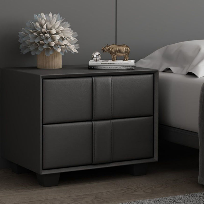 Table de chevet scandinave contemporain en bois massif carré, cuir synthétique, 2 tiroirs pour chambre à coucher 